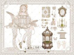  1girl analog_clock angel_wings argyle argyle_background asymmetrical_legwear bare_shoulders bessie_ouo birdcage blonde_hair blue_eyes book border bottle bow brown_bow brown_footwear bug butterfly cage candle candlestand character_sheet chinese_commentary choker clock collarbone commentary_request crescent crescent_earrings cross cross_choker detached_sleeves dress drop_earrings earrings expressionless eyelashes fire flower footwear_bow frilled_dress frilled_hairband frilled_thighhighs frills full_body green_bow green_hairband grey_border hair_bow hair_flower hair_ornament hairband high_heels highres holding holding_scroll insect jewelry kneehighs lipstick long_hair makeup mirror mismatched_eyebrows multiple_rings original parted_lips perfume_bottle picture_frame pink_flower pink_lips puffy_short_sleeves puffy_sleeves ring sample_watermark scroll shears short_sleeves simple_background single_kneehigh single_sock single_thighhigh sitting sleeveless sleeveless_dress socks solo star_(symbol) star_earrings thigh_strap thighhighs very_long_hair watermark wavy_hair white_background white_butterfly white_choker white_dress white_sleeves white_socks white_thighhighs white_wings wide_sleeves winged_footwear wings 