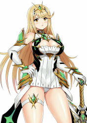  1girl bare_legs bare_shoulders blonde_hair breasts chest_jewel cleavage cleavage_cutout clothing_cutout dress earrings elbow_gloves gloves highres jewelry large_breasts long_hair mythra_(xenoblade) panties pantyshot short_dress solo swept_bangs thigh_strap tiara underwear very_long_hair white_dress white_gloves xenoblade_chronicles_(series) xenoblade_chronicles_2 y.ssanoha yellow_eyes 