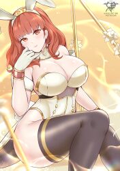  1girl absurdres adapted_costume animal_ears artist_logo artist_name bare_shoulders black_thighhighs breasts celica_(fire_emblem) cleavage detached_collar fake_animal_ears fire_emblem fire_emblem_echoes:_shadows_of_valentia gloves gold_trim hand_on_own_face highleg highleg_leotard highres kaos_art large_breasts leotard nintendo patreon_username playboy_bunny rabbit_ears red_eyes red_hair sitting solo strapless strapless_leotard thighhighs white_gloves white_leotard zettai_ryouiki 