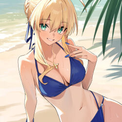  1girl ahoge artoria_pendragon_(all) artoria_pendragon_(fate) bare_shoulders beach bikini blonde_hair blue_bikini blue_nails breasts cross fate/grand_order fate/stay_night fate_(series) green_eyes highres jewelry long_hair looking_at_viewer medium_breasts nail_polish navel necklace saber_(fate) sand smile solo swimsuit water wet xiaoxiao_de_kuangsan 