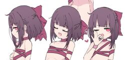  ass bare_shoulders bow chocker fallenshadow flat_chest flat_color hair_bow hair_ornament indie_virtual_youtuber loli multiple_views nipples_covered nipples_teasing ok_sign open_mouth partially_undressed purple_eyes purple_hair ribbon sidelocks simple_background simple_shading white_background 