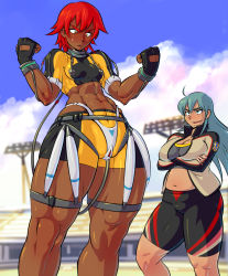  2girls abs ahoge aliasing belly blue_eyes blue_hair blurry blurry_background breast_hold breasts brown_eyes character_request cleavage cloud commentary_request crossed_arms dark-skinned_female dark_skin gloves hip_focus jacket long_hair looking_at_another midriff mikoyan muchigaku multiple_girls muscular original outdoors plump red_hair shiori_hayate short_hair skin_tight sky small_breasts thick_thighs thighs tomboy track_jacket wide_hips 