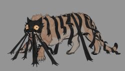  animal_focus claws colored_sclera constricted_pupils dream_tiger_(govy9807) from_side full_body grey_background highres jojacula looking_at_viewer monster no_humans open_mouth original simple_background solo tiger tusks white_eyes yellow_sclera 