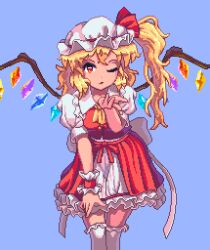  1girl ascot blonde_hair blowing_kiss blurry blurry_background commentary crystal flandre_scarlet frilled_skirt frills hat looking_at_viewer mob_cap multicolored_wings one_eye_closed one_side_up open_mouth pixel_art potemki11 puffy_short_sleeves puffy_sleeves red_eyes red_vest short_sleeves side_ponytail skirt solo thighhighs touhou vest white_thighhighs wings yellow_ascot 