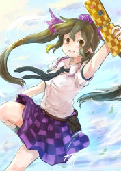  1girl bad_id bad_pixiv_id bag brown_eyes brown_hair camera_phone cellphone checkered_clothes checkered_skirt hat highres himekaidou_hatate hutaba123 long_hair necktie open_mouth phone pointy_ears ribbon shirt short_sleeves skirt smile solo tokin_hat touhou twintails 