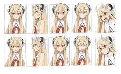  1girl artist_request bare_shoulders blonde_hair blush breasts clothing_cutout commentary concept_art dragon_girl dragon_horns english_commentary expressions godgear_ragdrahod highres horns leotard long_hair looking_at_viewer looking_to_the_side mechanical_horns multiple_views open_mouth profile red_eyes second-party_source serious sketch small_breasts smile stomach_cutout surprised very_long_hair 