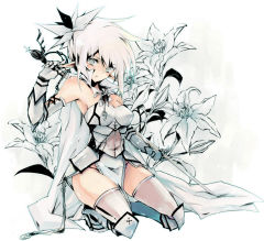  armor cape flower gauntlets greaves grey_eyes ichiyou_moka kneeling original pointy_ears solo sword thighhighs weapon white_hair white_thighhighs  rating:Questionable score:6 user:danbooru