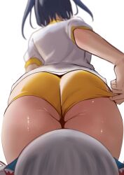 2girls ass ass_focus back blue_hair clothes_pull facing_away from_behind from_below gawr_gura gym_shorts gym_uniform highres hololive hololive_english huge_ass medium_hair multiple_girls ouro_kronii redi_(rasec_asdjh) shiny_skin shirt short_hair short_shorts short_sleeves shorts simple_background t-shirt thick_thighs thighs virtual_youtuber white_background rating:Sensitive score:189 user:danbooru