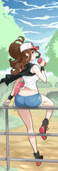 10s 1girl alternate_color ankle_socks ass bag bare_legs baseball_cap black_jacket blue_eyes blue_sky boots breasts brown_hair bush can cloud coca-cola creatures_(company) cutoffs denim denim_shorts drinking female_focus forest from_behind game_freak green_eyes handbag hat high_ponytail highres hilda_(pokemon) hip_focus jacket kneepits knees large_breasts legs lips long_hair looking_at_viewer looking_back nature nintendo open_clothes open_jacket pokemon pokemon_bw ponytail shiny_skin shirt shoes short_shorts shorts shoulder_bag sitting sky sleeveless sleeveless_shirt socks solo tentacle_monster_chu tree vest way white_shirt wide_hips wristband rating:Sensitive score:89 user:Doaks
