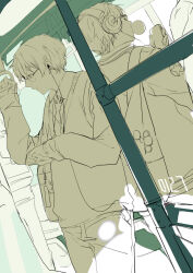  2boys america_(hetalia) axis_powers_hetalia back-to-back backpack bag canada_(hetalia) cellphone chewing_gum closed_mouth collared_shirt commentary_request cowboy_shot dated denim earbuds earphones expressionless glasses headphones holding holding_phone indoors jacket jeans jersey limited_palette listening_to_music long_sleeves male_focus multiple_boys necktie nineo open_clothes open_jacket pants phone scarf shirt short_hair sketch sleeves_past_wrists smartphone star_(symbol) star_print sweater_vest train_interior v-neck 
