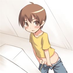  1boy aaaa_(quad-a) blush brown_eyes brown_hair clothes_pull flaccid from_above indoors looking_at_viewer male_focus open_mouth pants pants_pull peeing penis penis_hold shirt short_hair shota solo standing t-shirt testicles toilet uncensored urinal  rating:Explicit score:301 user:Jellybooru