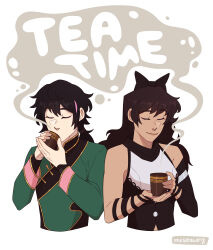  1boy 1girl absurdres artist_name black_bow black_hair black_sleeves blake_belladonna bow chinese_clothes closed_eyes closed_mouth commentary cup drinking english_commentary english_text green_jacket hair_bow highres holding holding_cup inuisdrawing jacket lie_ren long_hair long_sleeves rwby shirt simple_background single_sleeve sleeveless sleeveless_shirt tea upper_body white_background white_shirt 