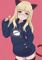  1girl animal_ears birthday black_thighhighs blonde_hair blue_sweater blush candy cat_ears cat_girl cat_tail closed_mouth commentary food french_text glasses hand_in_pocket happy_birthday highres hood hoodie keicha_(kmoekaki) lollipop long_hair looking_at_viewer perrine_h._clostermann pink_background simple_background skindentation smile solo strike_witches sweater tail thighhighs translated world_witches_series yellow_eyes  rating:General score:8 user:danbooru