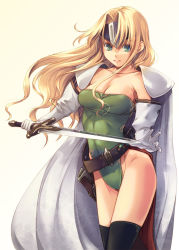  1990s_(style) 1girl armor belt black_thighhighs blonde_hair breasts cape celes_chere cleavage collarbone elbow_gloves final_fantasy final_fantasy_vi gloves green_eyes highres holding kirishima_satoshi leotard long_hair looking_at_viewer pauldrons reflection retro_artstyle shoulder_armor simple_background skin_tight smile solo sword thighhighs weapon white_background  rating:Sensitive score:49 user:danbooru