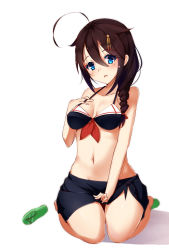 10s 1girl adapted_costume ahoge bikini blue_eyes bottomless braid breasts brown_hair collarbone flip-flops full_body gin00 groin hair_flaps hair_ornament hair_over_shoulder hair_ribbon hand_on_own_chest highres kantai_collection long_hair looking_at_viewer medium_breasts navel no_panties open_mouth ribbon sandals sarong seiza shadow shigure_(kancolle) shigure_kai_ni_(kancolle) simple_background single_braid sitting solo strap_lift swimsuit white_background rating:Questionable score:12 user:danbooru