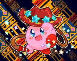  adjusting_clothes adjusting_headwear blue_eyes blush_stickers brown_hat cowboy_hat full_body hat hat_ornament holding holding_whip kirby kirby_(series) motimamire multicolored_background nintendo no_humans no_nose open_mouth solo star_(symbol) star_hat_ornament whip_kirby 