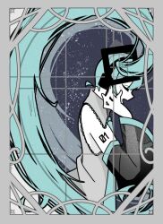  1girl aqua_hair aqua_necktie arm_tattoo art_nouveau black_sleeves border chiori_(_chio_ri) closed_eyes collared_shirt colored_skin detached_sleeves floating_hair from_side grey_border grey_shirt hair_ornament hand_on_headphones hand_up hashtag-only_commentary hatsune_miku headphones long_hair miku_day necktie number_tattoo open_mouth see-through see-through_sleeves shirt sleeveless sleeveless_shirt solo tattoo twintails twitter_username upper_body very_long_hair vocaloid white_skin 