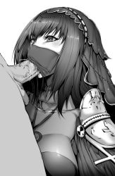 1boy 1girl absurdres armor bodysuit breasts censored fate/grand_order fate_(series) fellatio fellatio_under_mask gggg greyscale harem_outfit highres large_breasts long_hair looking_up mask monochrome mouth_mask oral pauldrons penis scathach_(fate) scathach_(first_ascension)_(fate) shoulder_armor simple_background solo_focus veil veins veiny_penis white_background rating:Explicit score:89 user:danbooru