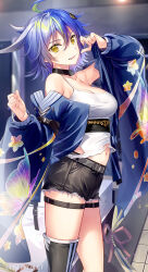  1girl asakawa_kanata black_collar black_footwear black_shorts blue_hair blurry blurry_background boots breasts camisole cleavage collar commentary_request depth_of_field feet_out_of_frame fujima_takuya hair_between_eyes hand_up highspeed_etoile long_sleeves looking_at_viewer medium_breasts navel open_clothes parted_lips puffy_long_sleeves puffy_sleeves short_shorts shorts single_thigh_boot smile solo standing thigh_boots white_camisole yellow_eyes 