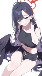  1girl absurdres ahoge alternate_costume bare_arms bare_shoulders black_hair black_shorts black_tank_top black_wings blue_archive breasts collarbone commentary_request dolphin_shorts feathered_wings grey_eyes hair_ornament hairclip halo highres hiroikara_(smhong04) ichika_(blue_archive) large_breasts long_hair looking_at_viewer low_wings midriff navel red_halo shorts simple_background sitting smile solo tank_top thighs white_background wings 