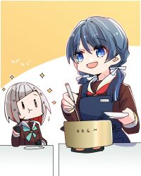  2girls :d :t apron aqua_neckerchief black_choker black_gloves blue_apron bob_cut brown_dress chewing choker closed_mouth colored_inner_hair commentary_request cooking cooking_pot deformed diagonal_bangs dollchestra dress eating gloves grey_hair hair_ornament half_gloves hasu_no_sora_school_uniform highres holding holding_ladle holding_plate inverted_bob kanduki_kamibukuro ladle link!_like!_love_live! long_sleeves looking_at_another love_live! multicolored_hair multiple_girls murano_sayaka neckerchief o-ring o-ring_choker open_mouth plate pleated_dress red_eyes red_hair red_neckerchief sailor_collar sailor_dress school_uniform short_hair smile sparkle star_(symbol) star_hair_ornament streaked_hair translation_request two-tone_background virtual_youtuber white_background white_sailor_collar winter_uniform yellow_background yugiri_tsuzuri |_| 