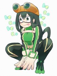  10s 1girl asui_tsuyu bad_id bad_pixiv_id black_eyes black_hair bodysuit boku_no_hero_academia breasts female_focus full_body gloves goggles goggles_on_head hair_rings long_hair nemui_8 solo split-toe_footwear squatting tongue tongue_out white_background white_gloves 
