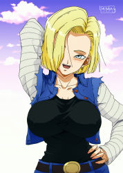 1girl absurdres android_18 belt blonde_hair blue_eyes blush breasts cloud collarbone covered_erect_nipples denim denim_skirt denim_vest dragon_ball dragonball_z earrings gradient_background hair_over_one_eye hand_on_own_hip highres huge_breasts impossible_clothes jewelry large_breasts ledy long_sleeves looking_at_viewer open_mouth short_hair skirt sky smile solo teeth tongue upper_body upper_teeth_only vest white_background  rating:Questionable score:69 user:DarkToonLink