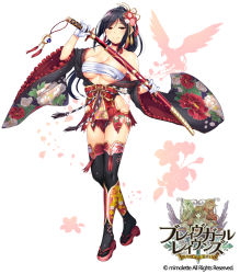 1girl bare_shoulders black_hair black_thighhighs blush brave_girl_ravens breasts brown_eyes budget_sarashi cleavage clog_sandals closed_mouth collarbone floral_print flower full_body groin hair_flower hair_ornament holding holding_sword holding_weapon horosuke japanese_clothes jitome katana kimono large_breasts long_hair long_sleeves looking_at_viewer miniskirt obi off_shoulder official_art ponytail red_skirt revealing_clothes sandals sarashi sash sheath sidelocks skirt smile solo standing sword thighhighs underboob unsheathing weapon wide_sleeves zouri rating:Sensitive score:26 user:danbooru