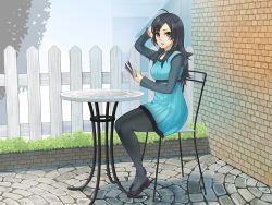  1girl ahoge black_footwear black_hair black_pantyhose blue_dress book brick_wall day dress fence hand_up holding holding_book hotaru_natsuna long_hair looking_at_viewer mega30000 outdoors pantyhose picket_fence purple_eyes shoes sitting solo table wizard_barristers:_benmashi_cecil wooden_fence 