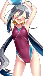 1girl ^_^ adapted_costume ahoge armpits artist_name blue_hair cameltoe closed_eyes competition_swimsuit contrapposto covered_navel cowboy_shot dated closed_eyes feet_out_of_frame grey_eyes hair_between_eyes hair_bun hair_ribbon highres kantai_collection kiyoshimo_(kancolle) long_hair low_twintails one-piece_swimsuit open_mouth ribbon simple_background single_hair_bun smile solo standing swimsuit tsuchimiya twintails very_long_hair white_background yellow_ribbon  rating:Sensitive score:21 user:danbooru