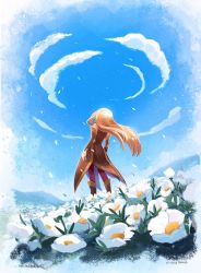  1girl bare_shoulders blue_sky boots brown_hair cloud cloudy_sky detached_sleeves dress field flower flower_field from_behind full_body gloves highres lilblueorchid long_hair outdoors pantyhose petals sky sleeveless sleeveless_dress solo tales_of_(series) tales_of_the_abyss tear_grants white_flower white_gloves white_petals 
