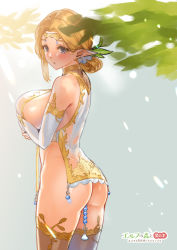  1girl absurdres anal_beads ass bare_shoulders blonde_hair breasts character_request commentary_request copyright_request cowboy_shot earrings highres jewelry large_breasts looking_at_viewer no_panties ogre_(illustogre) pointy_ears sex_toy solo standing thighhighs  rating:Questionable score:110 user:danbooru