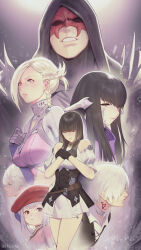  artist_name au_ra bare_legs bare_shoulders black_gloves black_hair blonde_hair blunt_bangs braid breasts brown_eyes character_request chilakkk closed_eyes commentary eye_mask final_fantasy final_fantasy_xiv gloves grey_eyes grey_hair hands_on_own_chest hat highres hood horns lalafell large_breasts long_hair mask mole mole_under_mouth multiple_boys multiple_girls neck_tattoo own_hands_together parted_lips puffy_short_sleeves puffy_sleeves red_hat short_hair short_sleeves side_braid tattoo twitter_username white_hair 