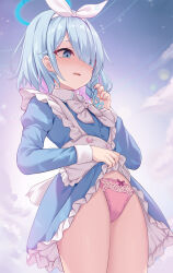 1girl adjusting_hair alternate_costume apron arona_(blue_archive) blue_archive blue_dress blue_eyes blue_hair blue_halo blush bow bow_hairband bow_panties bowtie braid breasts clothes_lift collared_dress colored_inner_hair commentary_request cowboy_shot dress dress_lift embarrassed eyes_visible_through_hair flying_sweatdrops frilled_apron frilled_dress frills hair_over_one_eye hair_ribbon hairband halo hand_up highres jitome lifting_own_clothes light_blue_hair long_sleeves maid maid_apron milkshakework multicolored_hair panties parted_lips pink_bow pink_hair pink_panties ribbon short_dress short_hair side_braid single_braid small_breasts solo thighs two-tone_hair underwear wavy_mouth white_apron white_bow white_bowtie white_hairband white_ribbon worried rating:Sensitive score:110 user:danbooru
