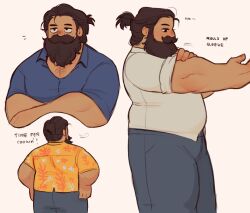 1boy bad_tag bara beard beard_over_mouth belly chest_hair_peek contemporary cowboy_shot crossed_arms denim dungeon_meshi dwarf facial_hair fat fat_man from_behind highres jeans krunnnnnch long_beard male_focus multiple_views mustache official_alternate_hairstyle pants senshi_(dungeon_meshi) sleeves_rolled_up thick_arms thick_mustache