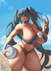  1girl 2022 ahoge alternate_breast_size bad_id bad_twitter_id ball beach bikini blue_eyes blue_hair blue_nails blue_sky breasts cleavage cowboy_shot curvy hatsune_miku highres holding holding_ball huge_breasts long_hair looking_at_viewer matching_hair/eyes nail_polish navel o-ring o-ring_bikini oojiart sand shiny_skin signature sky smile solo standing sweat swimsuit thick_thighs thighs twintails v very_long_hair vocaloid volleyball_(object) wide_hips  rating:Questionable score:38 user:fenrir_q