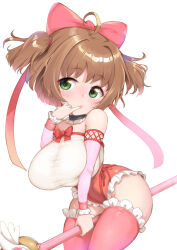  1girl alternate_breast_size antenna_hair ass between_thighs black_choker blush bow breasts brown_hair cardcaptor_sakura choker curvy dress finger_to_mouth frilled_choker frilled_leotard frilled_thighhighs frills green_eyes hair_bow highres huge_ass huge_breasts kinomoto_sakura leotard magical_girl oppai_loli pink_bow pink_thighhighs pinky_to_mouth short_hair shousan_bouzu solo thighhighs wand white_background 
