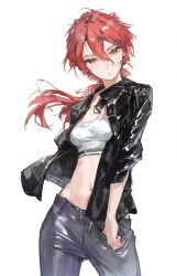  breasts closed_mouth denim dino_(dinoartforame) frown hair_between_eyes hand_in_pocket head_tilt highres jacket jeans leather leather_jacket long_hair looking_at_viewer midriff navel open_clothes open_jacket original pants ponytail red_hair simple_background small_breasts strapless tomboy tube_top white_background white_tube_top yellow_eyes  rating:General score:22 user:danbooru