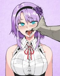10s 1girl absurdres bare_shoulders blue_eyes blush breasts colorized dagashi_kashi drooling finger_in_another&#039;s_mouth flower hairband highres jjune large_breasts looking_at_viewer mouth_pull open_mouth oral_invitation pov purple_hair saliva shidare_hotaru solo_focus suggestive_fluid teeth third-party_edit tongue tongue_out upper_body veins rating:Questionable score:309 user:pumpynyan
