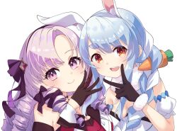  2girls animal_ear_fluff animal_ears bare_shoulders black_gloves blue_hair braid breasts carrot_hair_ornament claws cleavage dress drill_hair drill_sidelocks food-themed_hair_ornament fur-trimmed_gloves fur_scarf fur_trim gloves hair_ornament hair_ribbon hairband highres hololive hyakumantenbara_salome hyakumantenbara_salome_(1st_costume) large_breasts leotard leotard_under_clothes light_blue_hair long_hair long_sleeves looking_at_viewer medium_breasts multiple_girls nijisanji nokora_(otonarinoco) off-shoulder_dress off_shoulder ojou-sama_pose open_mouth parted_bangs purple_eyes purple_hair purple_hairband purple_ribbon rabbit-shaped_pupils rabbit_ears rabbit_girl red_dress red_sleeves ribbon short_eyebrows sidelocks simple_background symbol-shaped_pupils thick_eyebrows twin_braids usada_pekora usada_pekora_(1st_costume) v virtual_youtuber white_background 