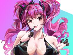  1girl bare_shoulders black_dress blush breasts collarbone dress finger finger_cots goddess_of_victory:_nikke headgear large_breasts lips looking_at_viewer mole mole_under_eye papillon_(nikke) pointy_breasts purple_eyes purple_hair solo twintails yul_shihara 