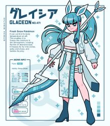  1girl animal_ears blue_background blue_eyes blue_footwear blue_hair blue_jacket blue_shirt boots breasts color_guide commentary creatures_(company) crop_top earrings emily_kim english_commentary english_text game_freak gen_4_pokemon glaceon glaive_(polearm) highres holster jacket jewelry medium_skirt nintendo personification pokemon polearm ponytail shirt side_slit simple_background skirt sleeveless sleeveless_turtleneck small_breasts snowflake_earrings snowflake_print snowflake_print_legwear sparkle stats thigh_holster thigh_strap turtleneck twitter_username weapon 