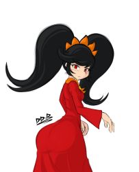  1girl ashley_(warioware) ass black_hair blush dodo-bot dress from_behind frown headdress highres long_hair looking_at_viewer looking_back nintendo red_eyes solo twintails warioware white_background  rating:Sensitive score:36 user:HomeStruck