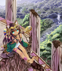  1girl anklet aqua_eyes barefoot bastet_(p&amp;d) bracelet brown_hair feet hairband jewelry long_hair lots_of_jewelry puzzle_&amp;_dragons ruins shipii_(jigglypuff) sitting skirt smile soles solo staff toes  rating:Sensitive score:15 user:danbooru