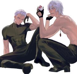  2boys bare_shoulders black_pants black_shirt blue_eyes breasts cleavage closed_mouth dante_(devil_may_cry) devil_may_cry devil_may_cry_(series) devil_may_cry_3 fingerless_gloves food full_body gloves hair_between_eyes hair_slicked_back highres ice_cream jewelry looking_at_viewer male_focus multiple_boys necklace pants shirt shoes short_sleeves siblings simple_background sitting spoon sundae topless_male twins upper_body vergil_(devil_may_cry) white_background white_hair ykim01989882 