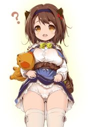 10s 1girl :d ? akazawa_red blush breasts brown_eyes brown_hair clothes_lift clueless commentary_request cowboy_shot cygames dated draph dress dress_lift female_focus granblue_fantasy hairband horns large_breasts lifted_by_self loli looking_at_viewer open_mouth oppai_loli panties petite pussy see-through short_hair smile solo stuffed_animal stuffed_toy teddy_bear thighhighs twitter_username underwear white_panties white_thighhighs yaia_(granblue_fantasy) rating:Questionable score:94 user:danbooru