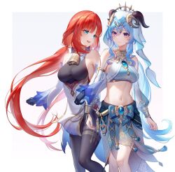  2girls :d aqua_eyes bare_shoulders black_gloves blue_hair bodystocking breasts brooch commentary_request cosplay costume_switch crop_top detached_sleeves feet_out_of_frame ganyu_(genshin_impact) ganyu_(genshin_impact)_(cosplay) genshin_impact gloves hair_between_eyes highres horns jewelry large_breasts lightria long_hair medium_breasts midriff multiple_girls navel neck_ring nilou_(genshin_impact) nilou_(genshin_impact)_(cosplay) open_mouth purple_eyes red_hair sidelocks simple_background smile standing stomach thighs veil very_long_hair 