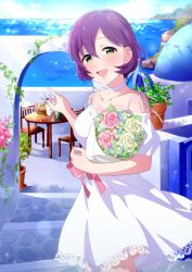  1girl :d bouquet bread breasts chair choker collarbone cowboy_shot dress flower food glass_bottle greece green_eyes happy highres holding holding_bouquet large_breasts looking_at_viewer love_live! love_live!_school_idol_festival nanatsu_no_umi ocean open_mouth outdoors pink_flower pink_ribbon pink_rose plant pointing potted_plant purple_hair raised_eyebrows ribbon rose sakamaki_chiduko santorini_(greece) short_sleeves smile solo sparkle stairs stone_stairs table white_choker white_dress white_flower white_rose 