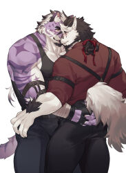  2boys animal_ears bara beard black_tank_top collared_shirt commission destroycode diamond_(shape) dog_boy dog_ears eye_contact facial_hair feet_out_of_frame forehead-to-forehead forked_eyebrows from_side furry furry_male glasses goatee heads_together highres licking_nose long_hair looking_at_another male_focus multicolored_hair multiple_boys muscular muscular_male original pectoral_cleavage pectorals ponytail purple_fur sadiend shirt streaked_hair suspenders tail tail_grab tank_top thick_eyebrows thick_thighs thighs tiger_boy tiger_ears tongue tongue_out topless_male white_hair yaoi yellow_eyes  rating:Sensitive score:3 user:danbooru