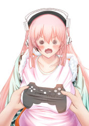  1girl bad_id bad_pixiv_id blush breasts controller dualshock frown game_controller gamepad grabbing grabbing_another&#039;s_breast headphones highres hoshi_yoshimi large_breasts long_hair looking_at_viewer nitroplus o_o open_mouth pink_hair playstation_controller simple_background solo_focus super_sonico wavy_mouth 